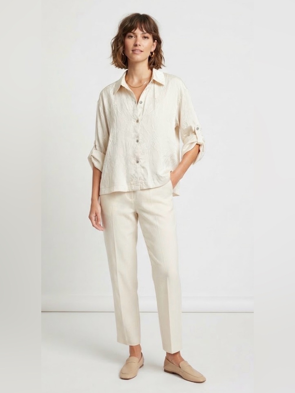 FIFTEEN TWENTY Crinkled Satin Button-Down Shirt Ivory Cream Size L